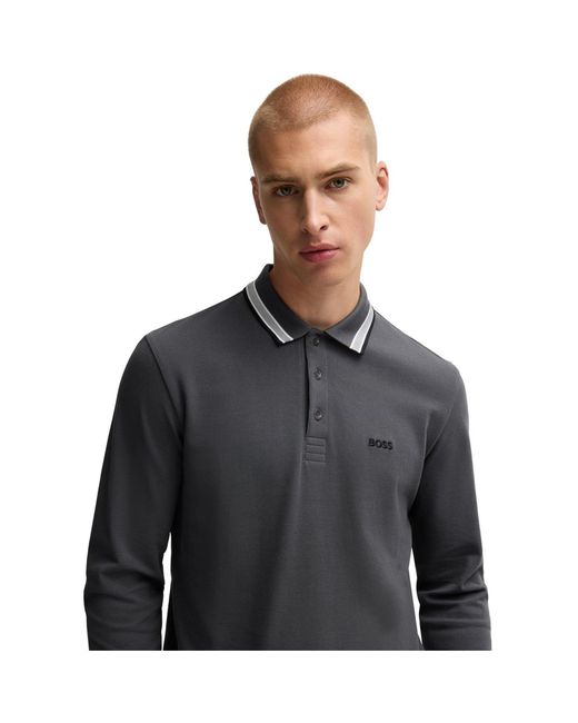 Boss Black Plisy Tipped Collar Cotton Long Sleeve Polo Shirt for men