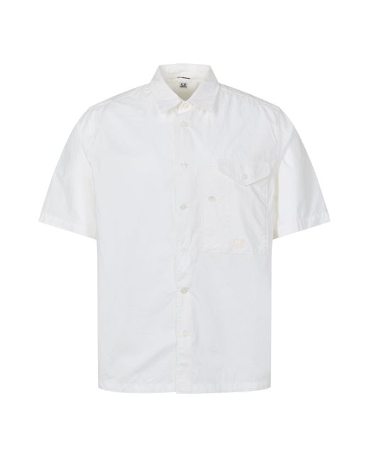C P Company White Short Sleeve Embroidered Logo Shirt for men