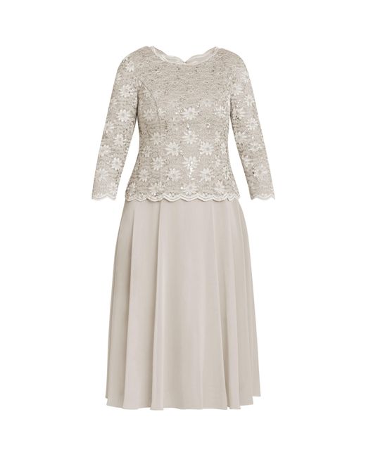 Gina Bacconi White Rona Midi-Length Dress With Lace Bodice