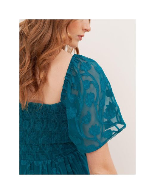 Lovedrobe Blue Floral Burnout Square Neck Shirred Midaxi Dress