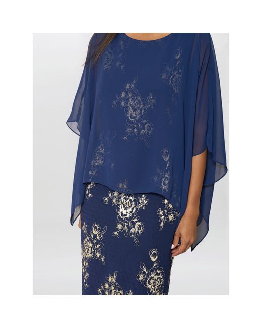 Gina Bacconi Blue Anne Foil Dress With Chiffon Cape
