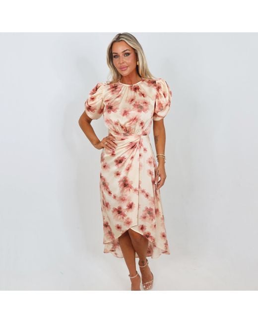 AX Paris Orange Floral Print Puff Sleeve Gathered Side Midi Dress