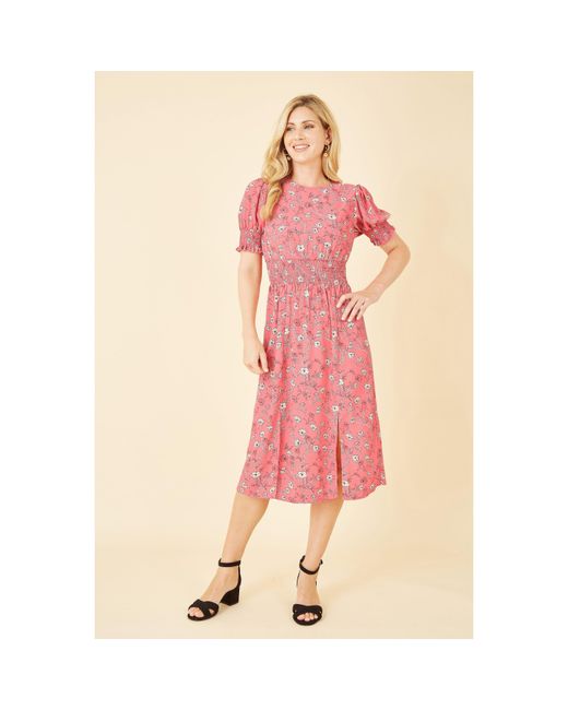 Mela London Pink Floral Ruched Waist Midi Dress