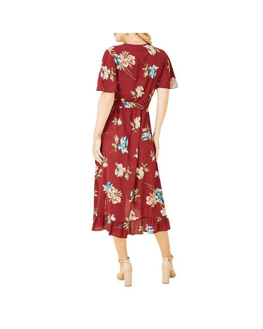 Mela London Red Floral Dip Hem Midi Wrap Dress