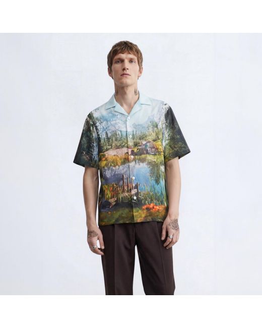 Twisted Tailor Blue Lorcan Landscape Print Revere Shirt for men