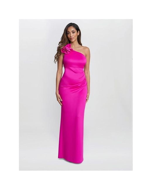 Gina Bacconi Pink Agatha 3d Flower One Shoulder Maxi Dress
