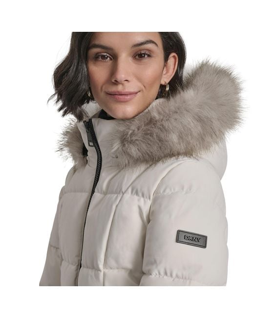 DKNY Gray Quilted Fur Hood Tailored Fit Medium Puffer Jacket