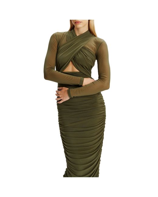 Bardot Green Aliyah Mesh Long Sleeve Midi Bodycon Dress