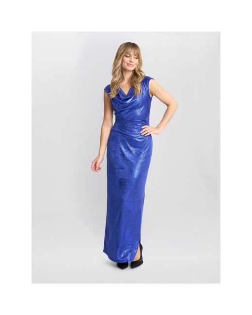Gina Bacconi Blue Justina Foil Print Cowl Neck Maxi Dress