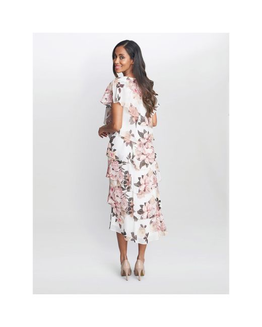 Gina Bacconi White Alice Midi Printed Tiered Dress