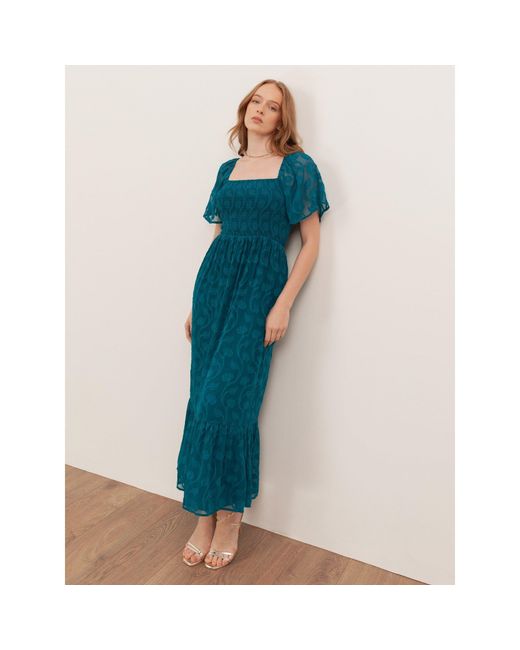 Lovedrobe Blue Floral Burnout Square Neck Shirred Midaxi Dress