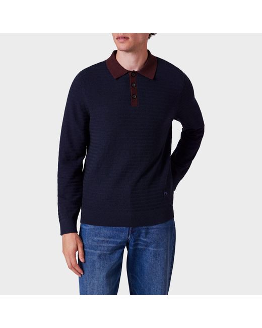 Paul Smith Blue Knitted Long Sleeve Polo Shirt for men
