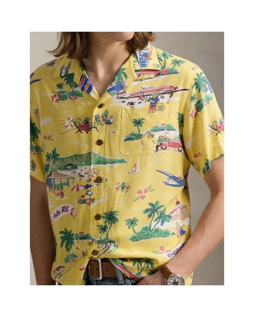 Polo Ralph Lauren Yellow Rayon Bear Short-Sleeve Patterned Shirt for men