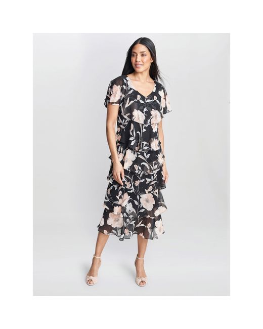 Gina Bacconi Blue Frances Printed Midi Tiered Dress