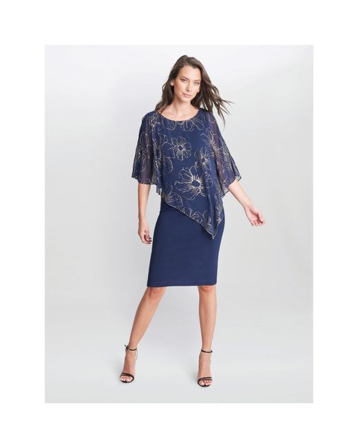 Gina Bacconi Blue Fiona Floral Glittered Asymmetric Dress