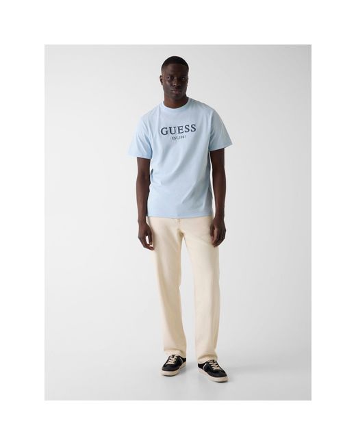 Guess Blue Regular Fit Embroidered T-Shirt for men