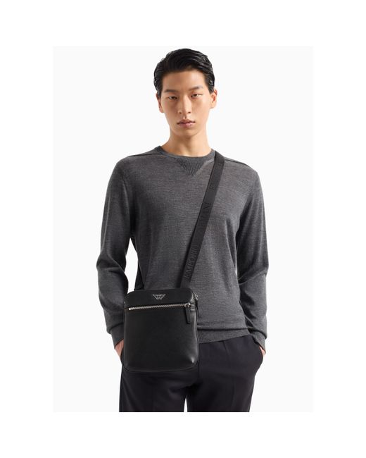 Emporio Armani Gray Regenerated Saffiano Leather Flat Shoulder Bag for men