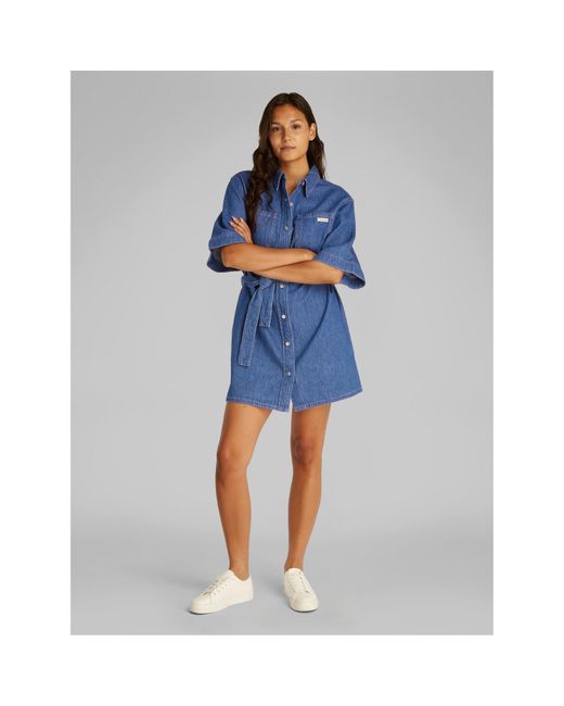 Calvin Klein Blue Linen Boxy Belted Wrap Dress