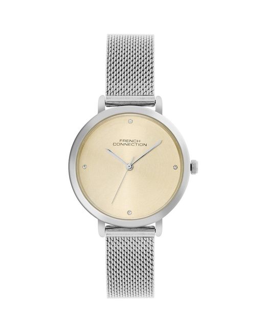 French Connection Metallic Case Round Shape Strap Quartz Watch