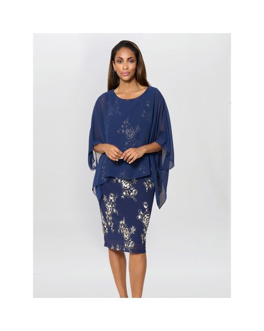 Gina Bacconi Blue Anne Foil Dress With Chiffon Cape