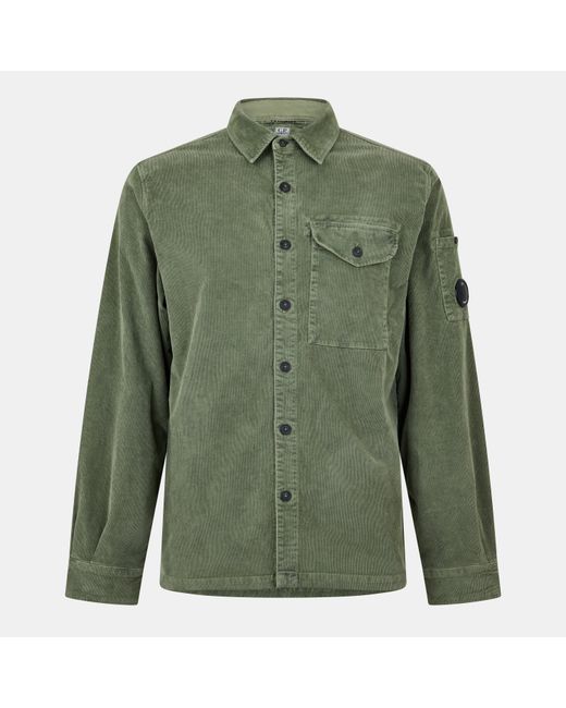 C P Company Green Lens Cord Long Sleeve Plain Shirt for men