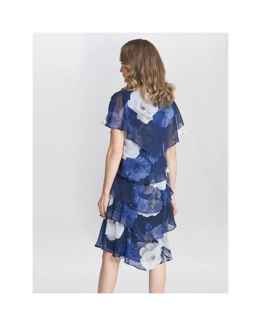 Gina Bacconi Blue Benita Printed V Neck Tiered Dress