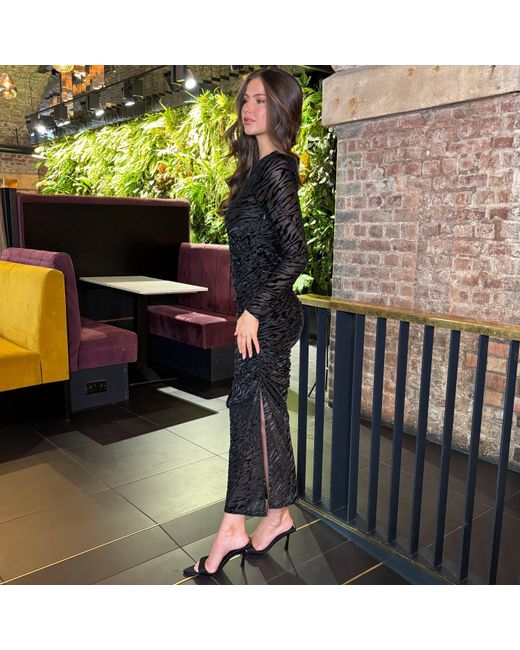 AX Paris Black Velvet Zebra Striped Overlay Long Sleeve Midi Dress