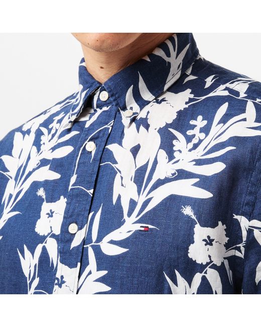 Tommy Hilfiger Blue Linen Tropical Print Short-Sleeve Patterned Shirt for men