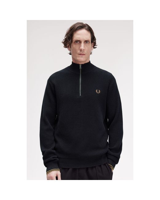 Fred Perry Black Waffle Stitch Half Zip Jumper for men