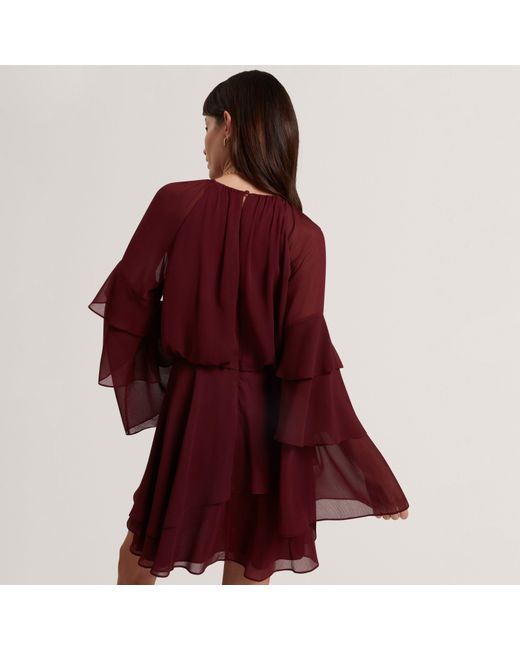 Ted Baker Red Frill Trim Long Sleeve Mini Dress