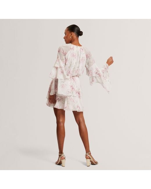 Ted Baker Pink Rose Print Frilled Long Sleeve Mini Dress