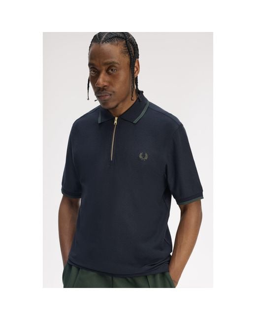 Fred Perry Blue Crepe Zipped Short-Sleeve Polo Shirt for men