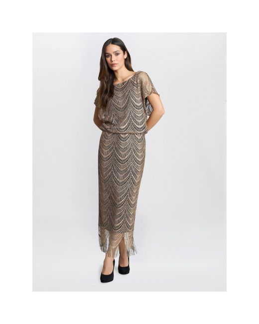 Gina Bacconi Brown Arleen Long Blouson Fringe Hem Dress