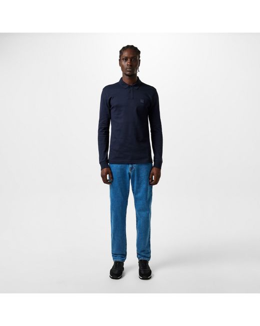 Boss Blue Passerby Premium Cotton Long Sleeve Polo Shirt With Logo Detail for men