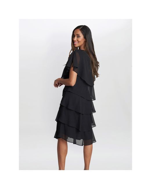 Gina Bacconi Black Lona Georgette Tiers Short Capelet Dress