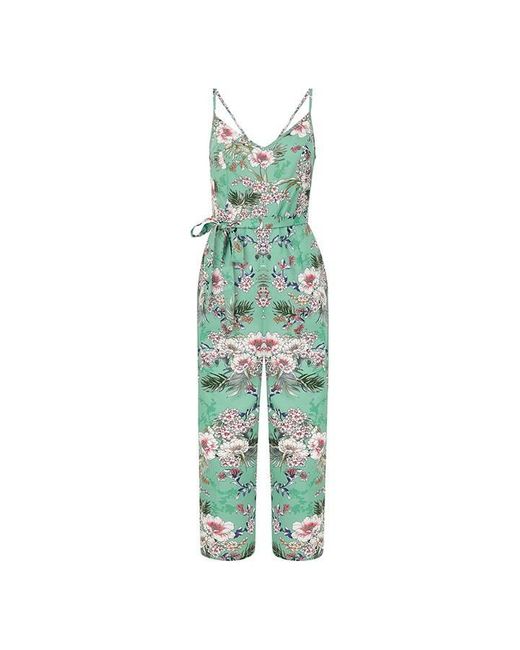 Yumi' Green Sage Tropical Palm Print Jumpsuit