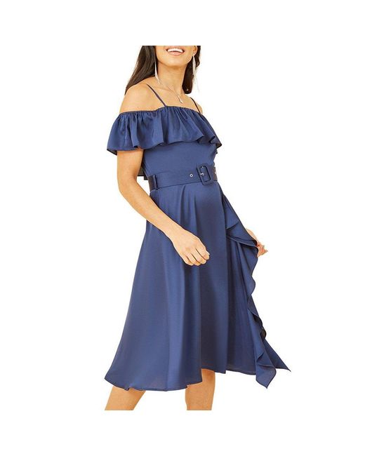 Yumi' Blue Bardot Satin Frill Belted Slip Dress