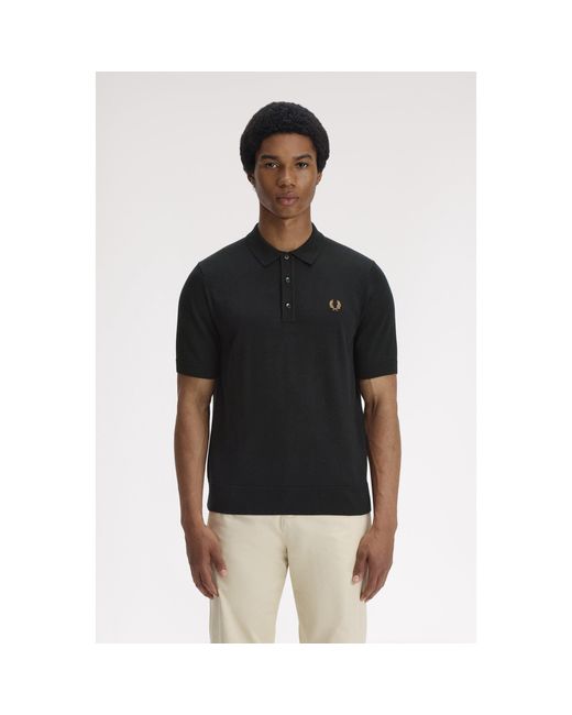 Fred Perry Black Knitted Short Sleeve Polo Shirt for men