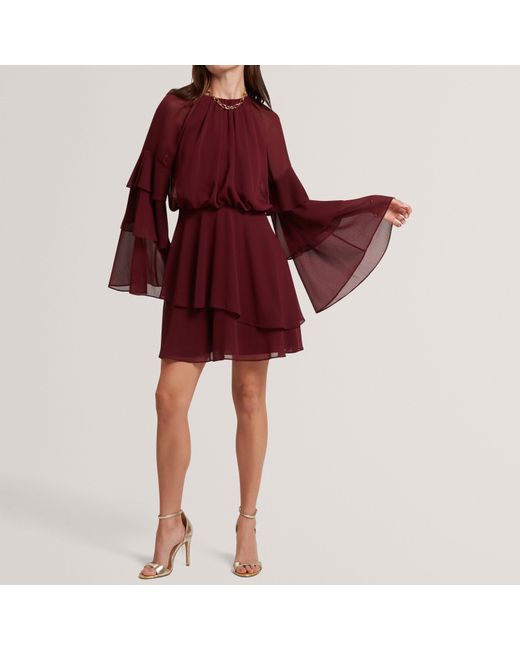 Ted Baker Red Frill Trim Long Sleeve Mini Dress