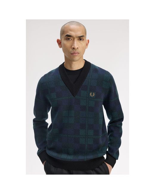Fred Perry Blue Blackwatch Crew Neck Jumper for men