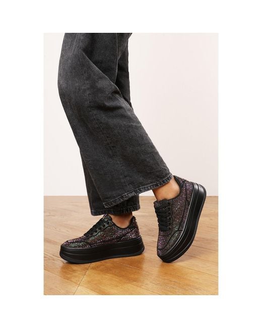 Where's That From Black Wedge Lace Up Trainer With Diamante Detail