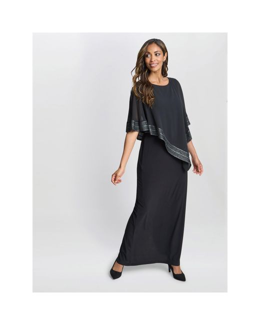 Gina Bacconi Black Amber Maxi Asymmetrical Cape Dress