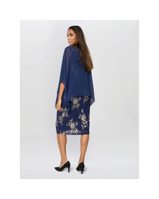 Gina Bacconi Blue Anne Foil Dress With Chiffon Cape