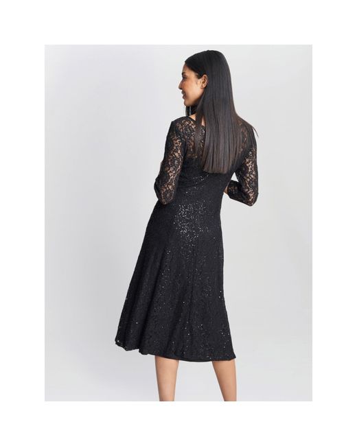Gina Bacconi Black Elianna Midi Sequin Lace Cocktail Dress