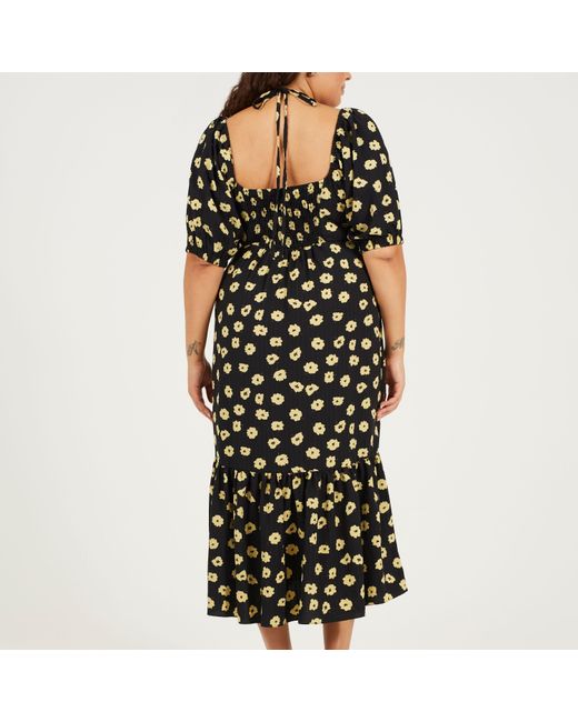 Brave Soul Black Plus Size Tiered Floral Midi Dress With Adjustable Sleeves