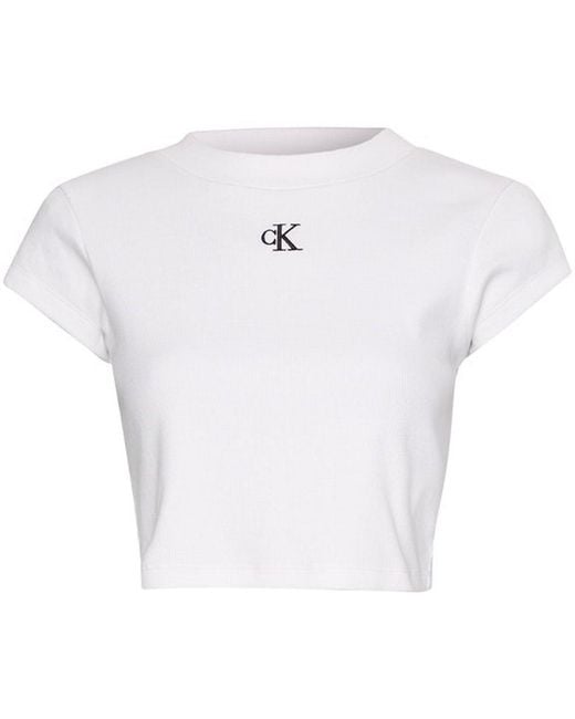 Calvin Klein White Mono Rib Cropped T Shirt