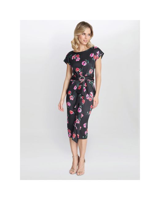 Gina Bacconi Blue Saffron Floral Print Satin Dress