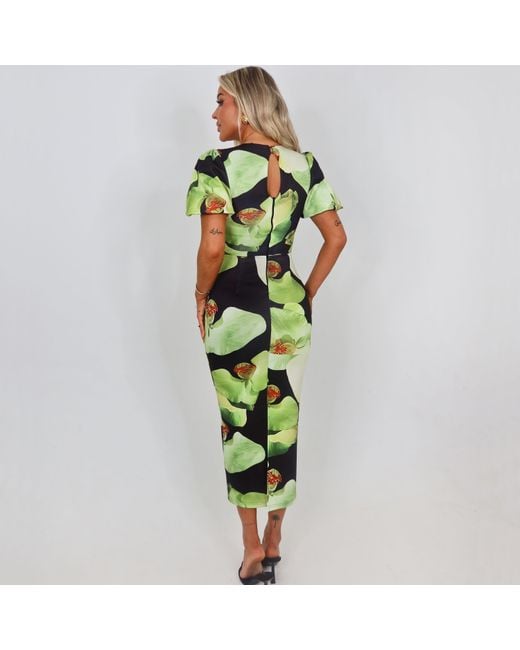 AX Paris Green And Floral Print Puff Sleeve Midi Dress