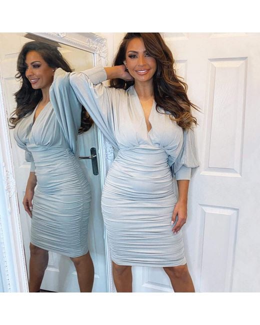 AX Paris Blue Ruched Bat Wing Sleeve Midi Dress