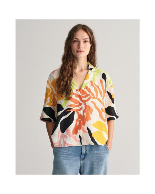 Gant Orange Relaxed Fit Palm Print Linen Short Sleeve Shirt